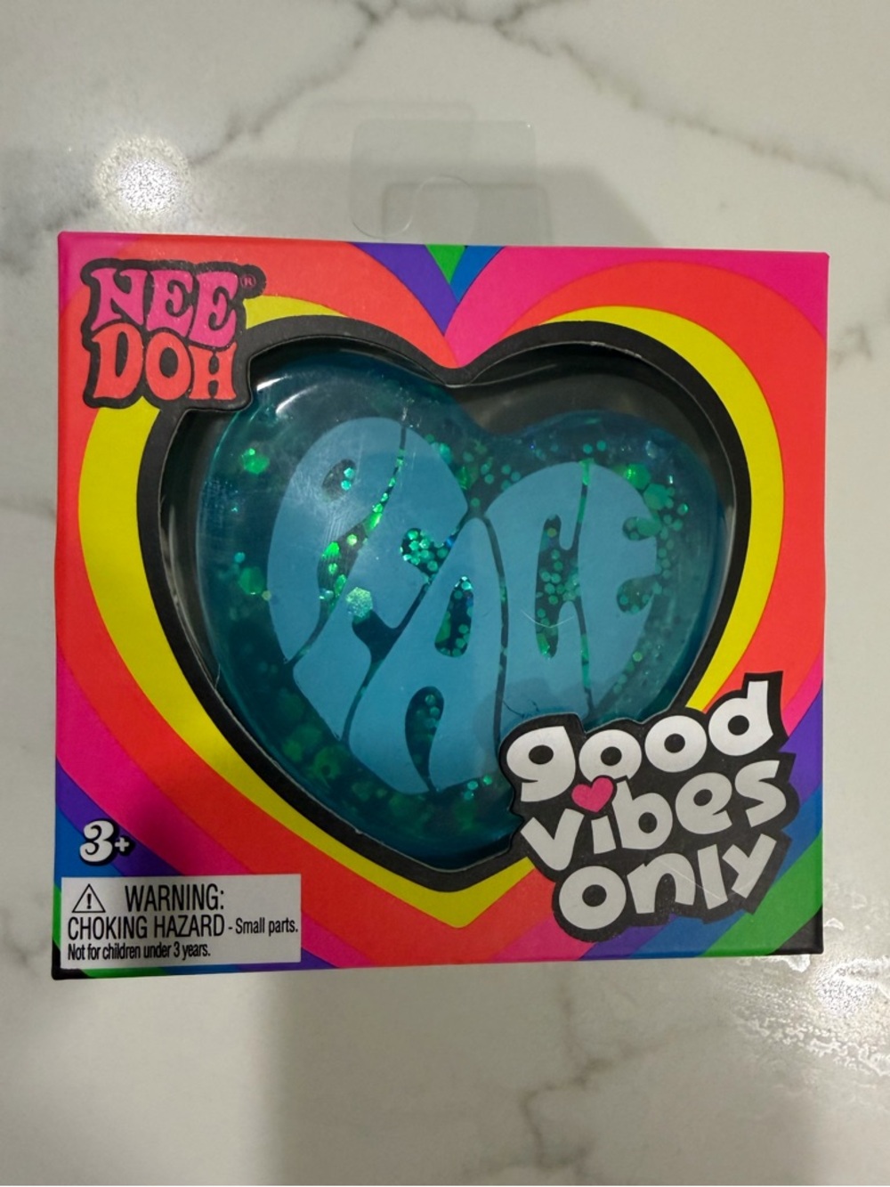 Schylling NEEDOH Good Vibes Only heart glitter Squishy in Blue “Peace” - NIB